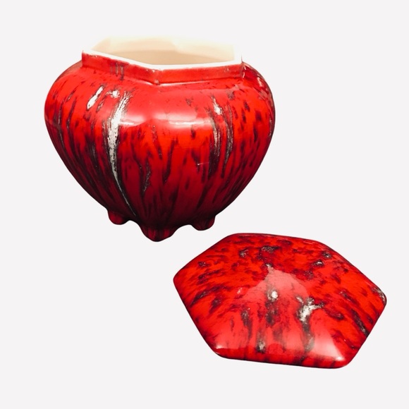 Vintage Red Pottery Hexagonal Ceramic Lidded Jar Urn 5.5" Drip Spot Glaze Signed - Picture 9 of 14